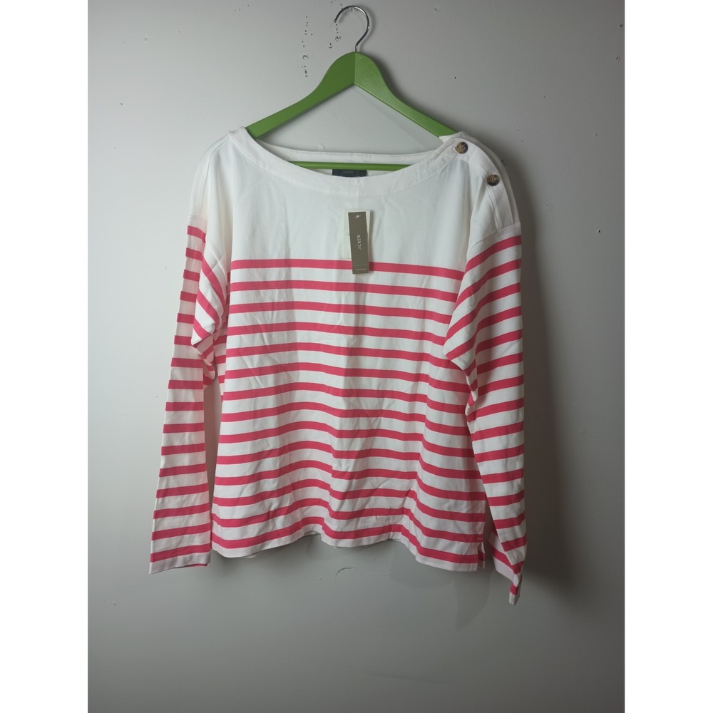 J.Crew Womens XL Pink White Striped Boatneck Long Sleeve Button Shoulder Tee NWT